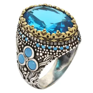 Aquamarine rings for men With Turquoise Stone, Handmade 925 sterling silver rings for men, Vintage Turkish ring perfect Statement Ring, Aquamarine stone ring christmas gifts for men, Size 8