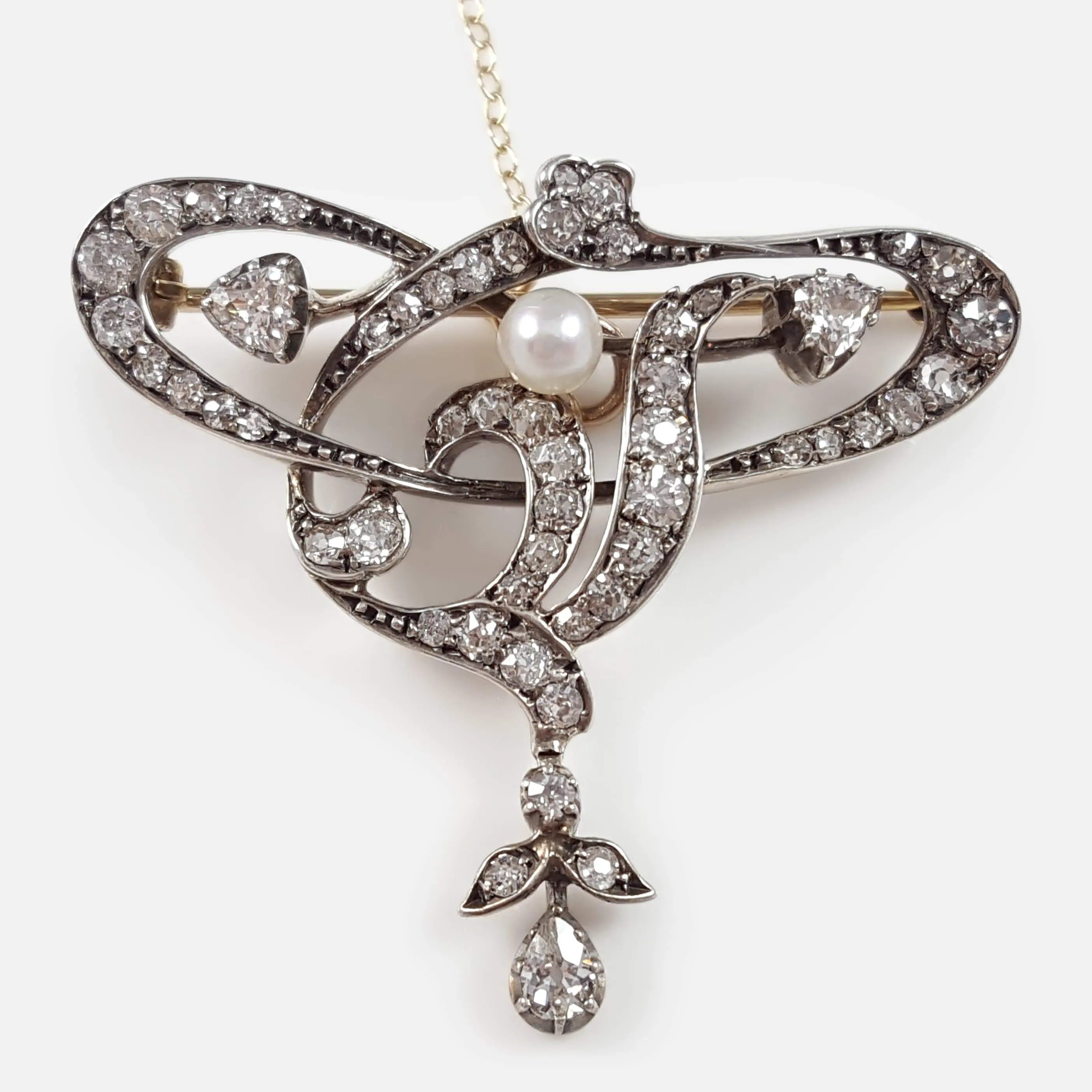 Art Nouveau Silver, Gold, Diamond, and Pearl Brooch