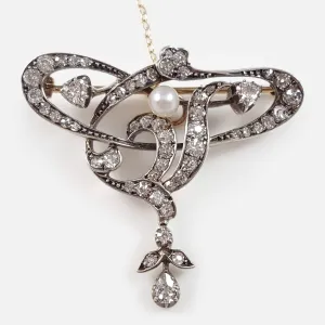 Art Nouveau Silver, Gold, Diamond, and Pearl Brooch