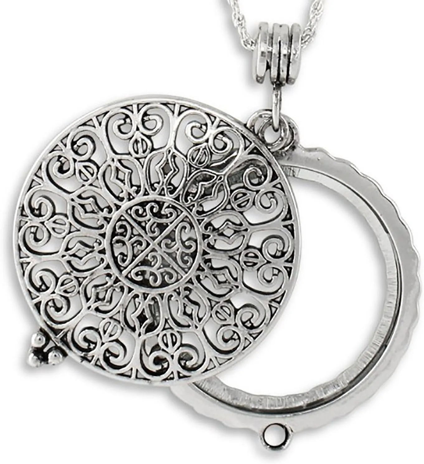 Artisan Owl Ornate Filigree 4x Magnifying Glass Sliding Top Pendant Necklace, 30"