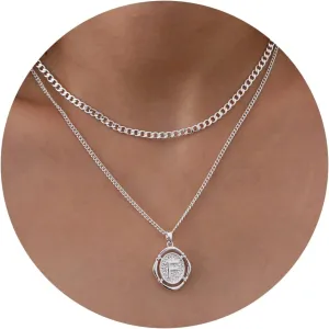 Ascona Layered Initial Necklaces for Women, A-Z Letter Pendant Capital Letter 14K Gold Plated Curb Cuban Chain Layering Necklace for Women.