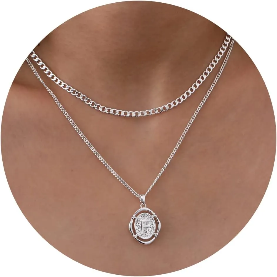 Ascona Layered Initial Necklaces for Women, A-Z Letter Pendant Capital Letter 14K Gold Plated Curb Cuban Chain Layering Necklace for Women.