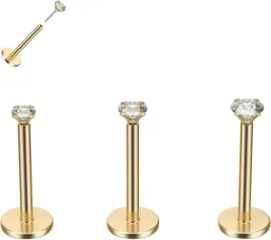 B BodyPJ Sparkles 16G-20G Nose Ring Push-in Threadless Labret Stud Earring with Crystal Zircon, G23 Titanium, 3Pcs