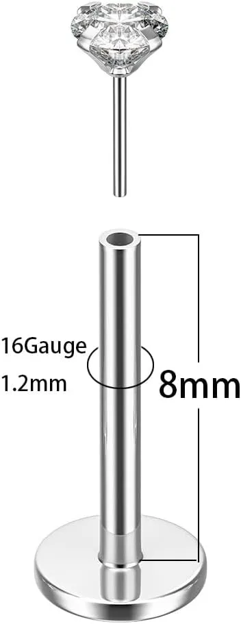 B BodyPJ Sparkles 16G-20G Nose Ring Push-in Threadless Labret Stud Earring with Crystal Zircon, G23 Titanium, 3Pcs