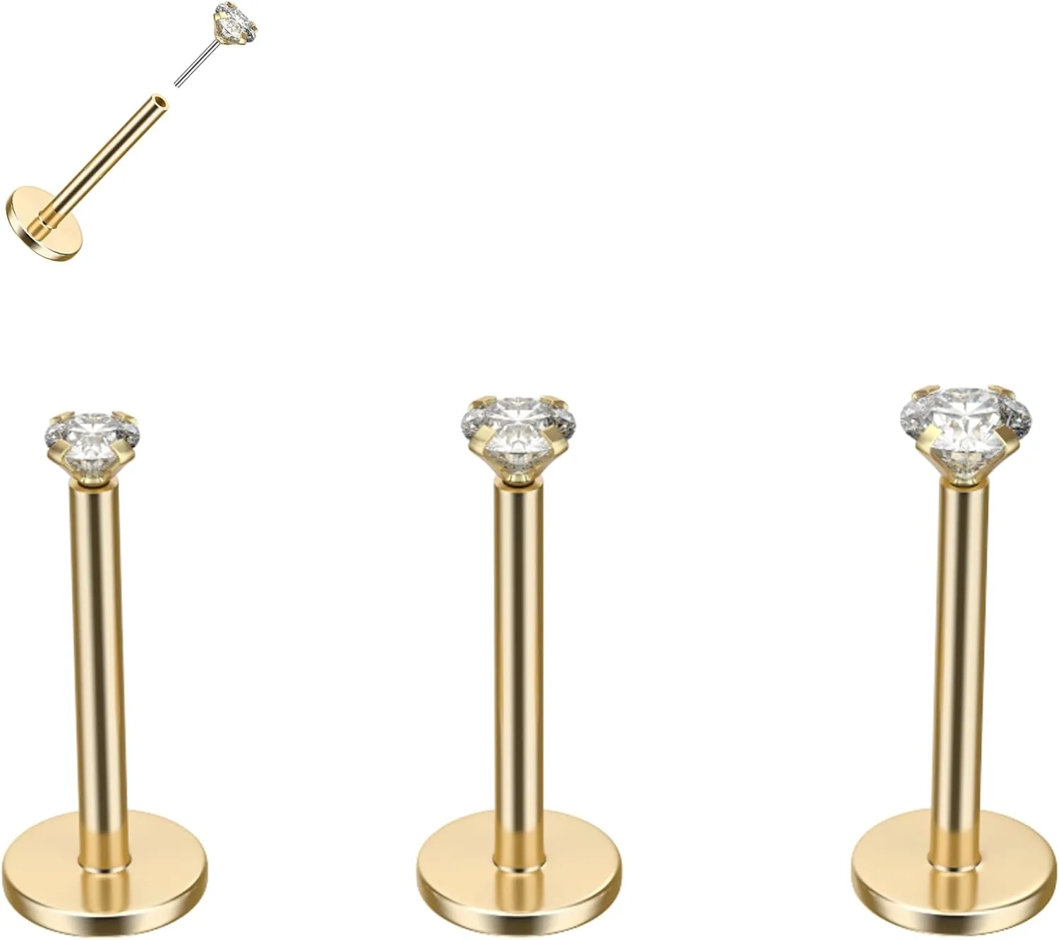 B BodyPJ Sparkles 16G-20G Nose Ring Push-in Threadless Labret Stud Earring with Crystal Zircon, G23 Titanium, 3Pcs