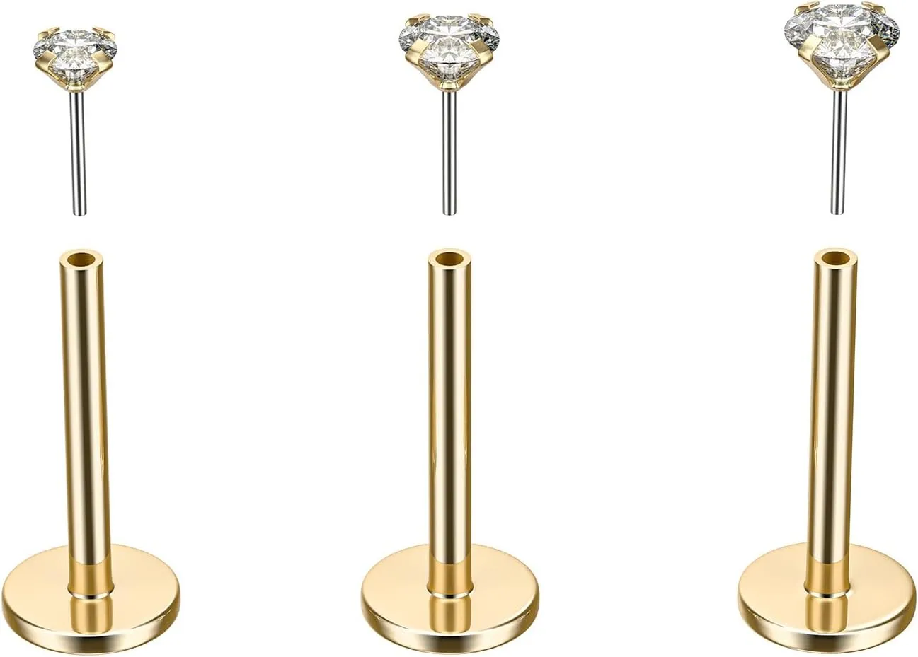 B BodyPJ Sparkles 16G-20G Nose Ring Push-in Threadless Labret Stud Earring with Crystal Zircon, G23 Titanium, 3Pcs
