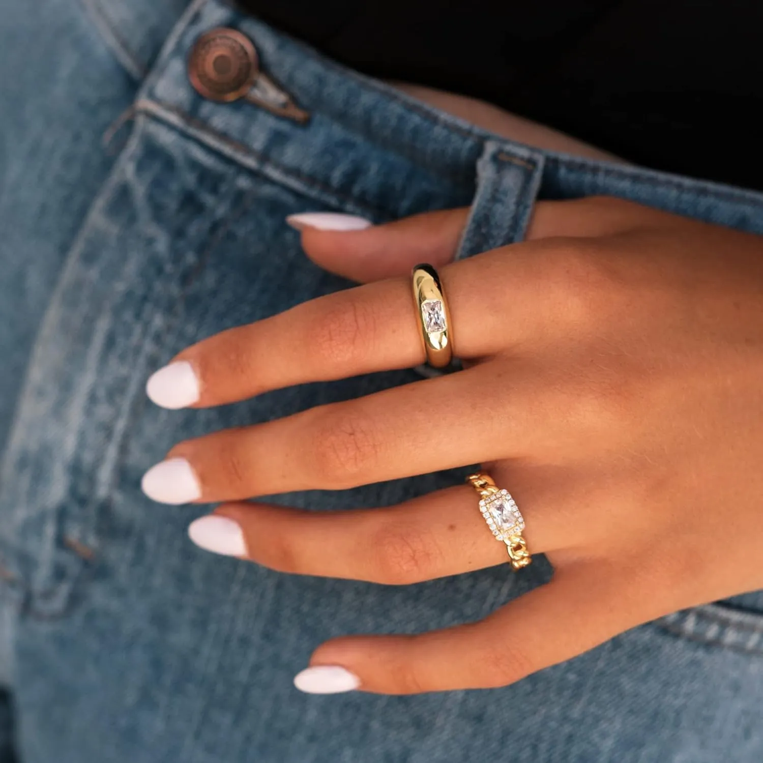 Baguette Dome Ring | CZ Set Gold Dome Ring | CZ Stacking Thick Band