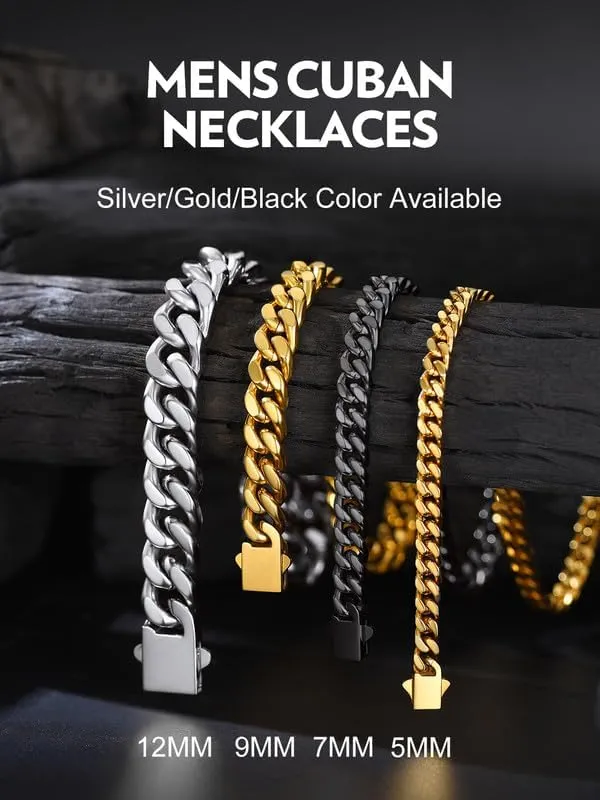 Bandmax Mens Stainless Steel Chain Necklaces 5/7/9/12 MM Chunky Miami Cuban Link Chain Necklace Bracelet Silver/Gold/Black Chains for Men 18"-30"