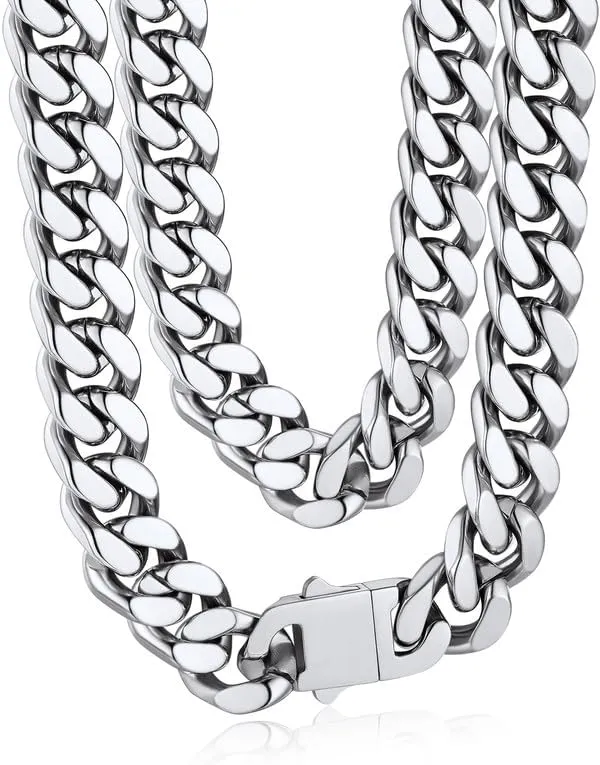 Bandmax Mens Stainless Steel Chain Necklaces 5/7/9/12 MM Chunky Miami Cuban Link Chain Necklace Bracelet Silver/Gold/Black Chains for Men 18"-30"
