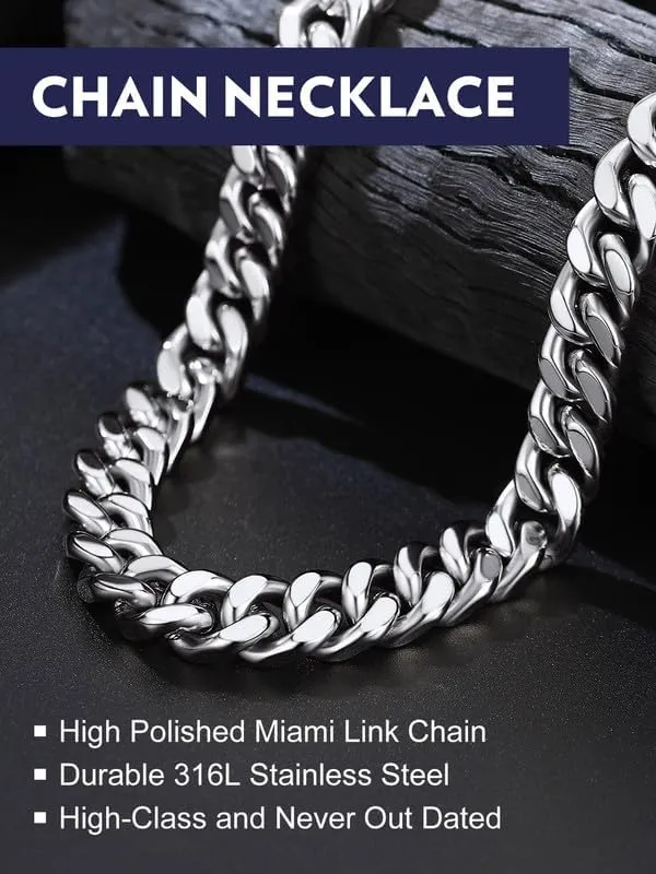 Bandmax Mens Stainless Steel Chain Necklaces 5/7/9/12 MM Chunky Miami Cuban Link Chain Necklace Bracelet Silver/Gold/Black Chains for Men 18"-30"