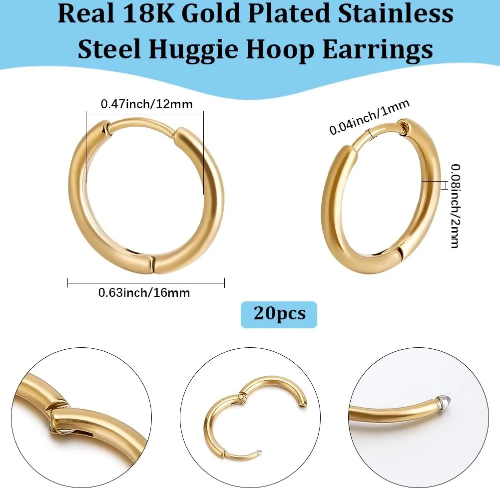 Beebeecraft 10Pairs Hoop Earrings for Women 18K Gold Plated 304 Stainless Steel 16mm Small Round Huggie Earrings Cartilage Hoop Earring Sleeper Earrings for Multiple Piercing