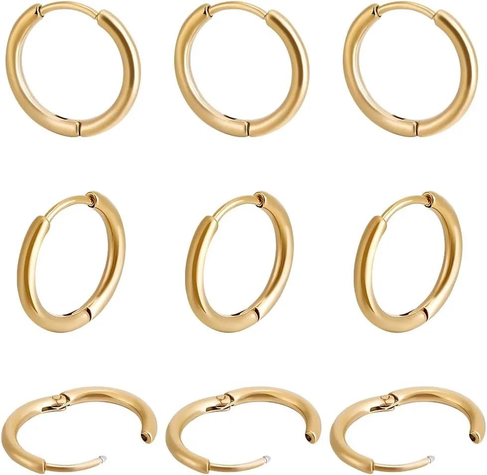 Beebeecraft 10Pairs Hoop Earrings for Women 18K Gold Plated 304 Stainless Steel 16mm Small Round Huggie Earrings Cartilage Hoop Earring Sleeper Earrings for Multiple Piercing