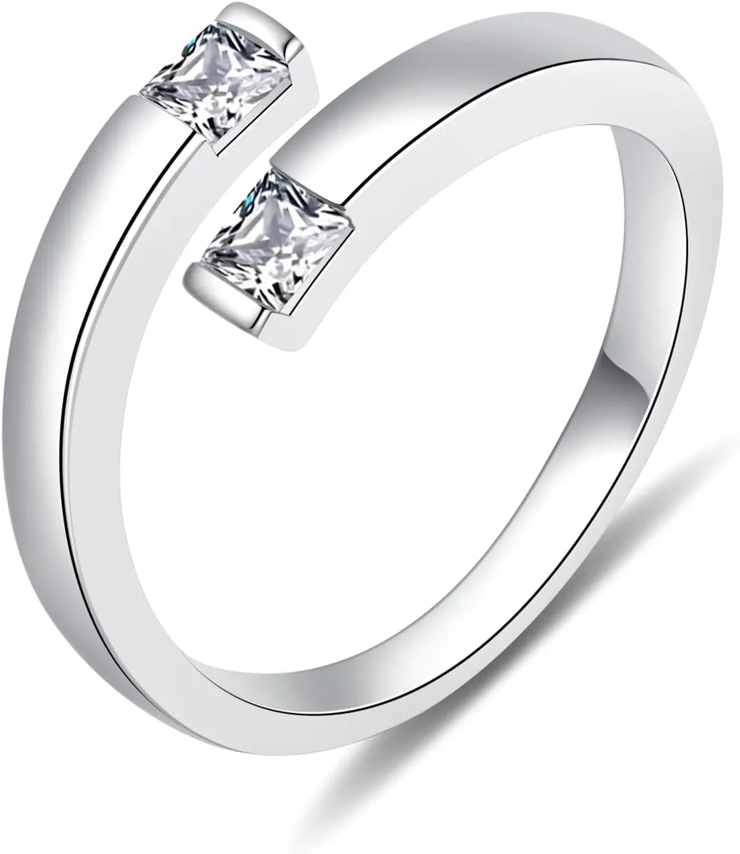 BEILIN 925 Sterling Silver Birthstone Rings for Women, Dainty CZ Promise Ring Adjustable Band Ring Couples Birthday Jewelry Gift (Clear)
