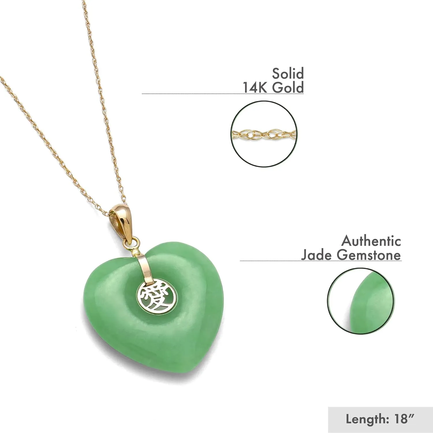 Belacqua Natural Jade Heart Charm Necklace Pendant for Women | 14K Gold 18" Rope Chain With Spring Ring Clasp| Jewelry for Her | Gift Box Included