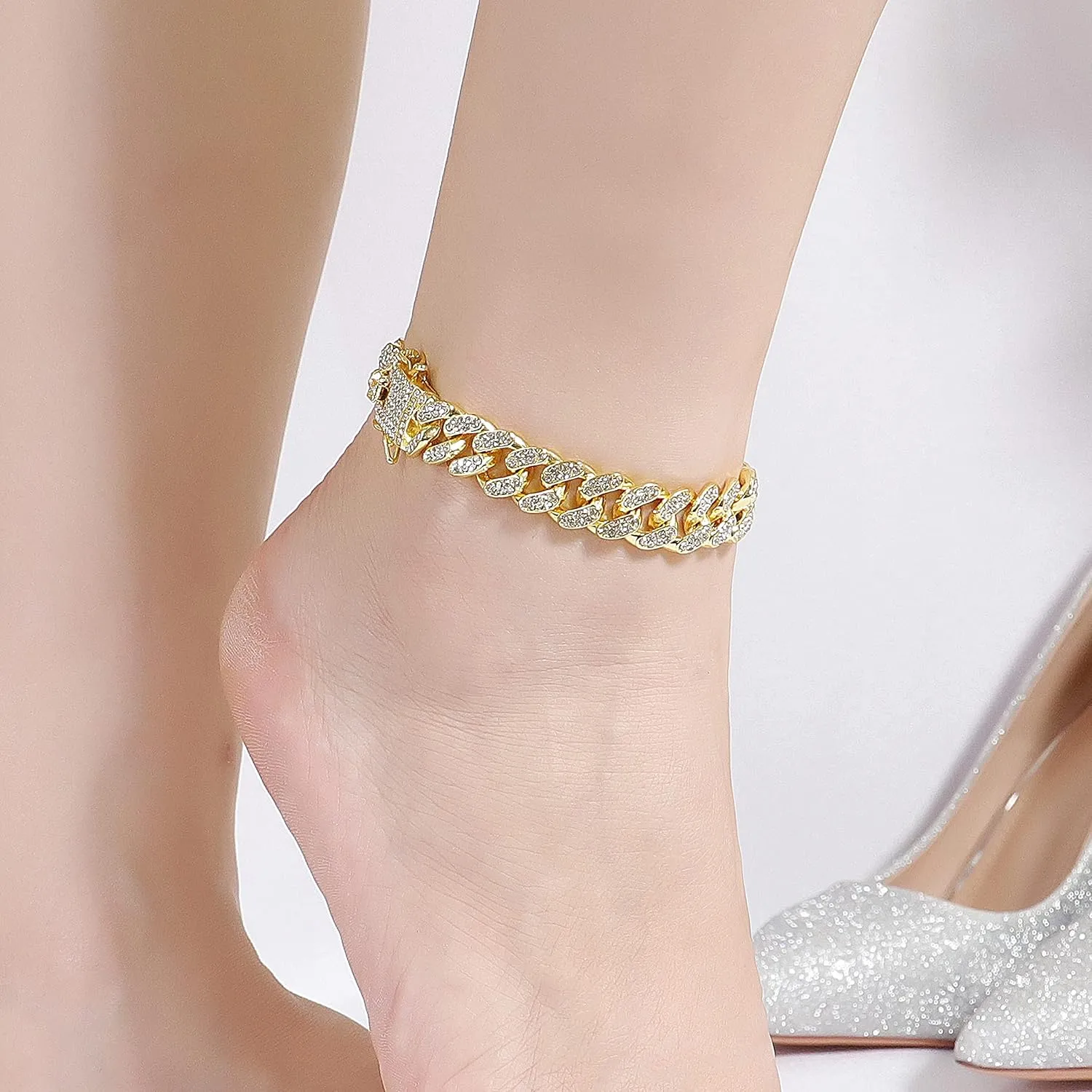 Bellady Cuban Link Ankle Chain for Men Women 9/10inch, Hip-hop Rhinestones Filled Chain Ankle Bracelets