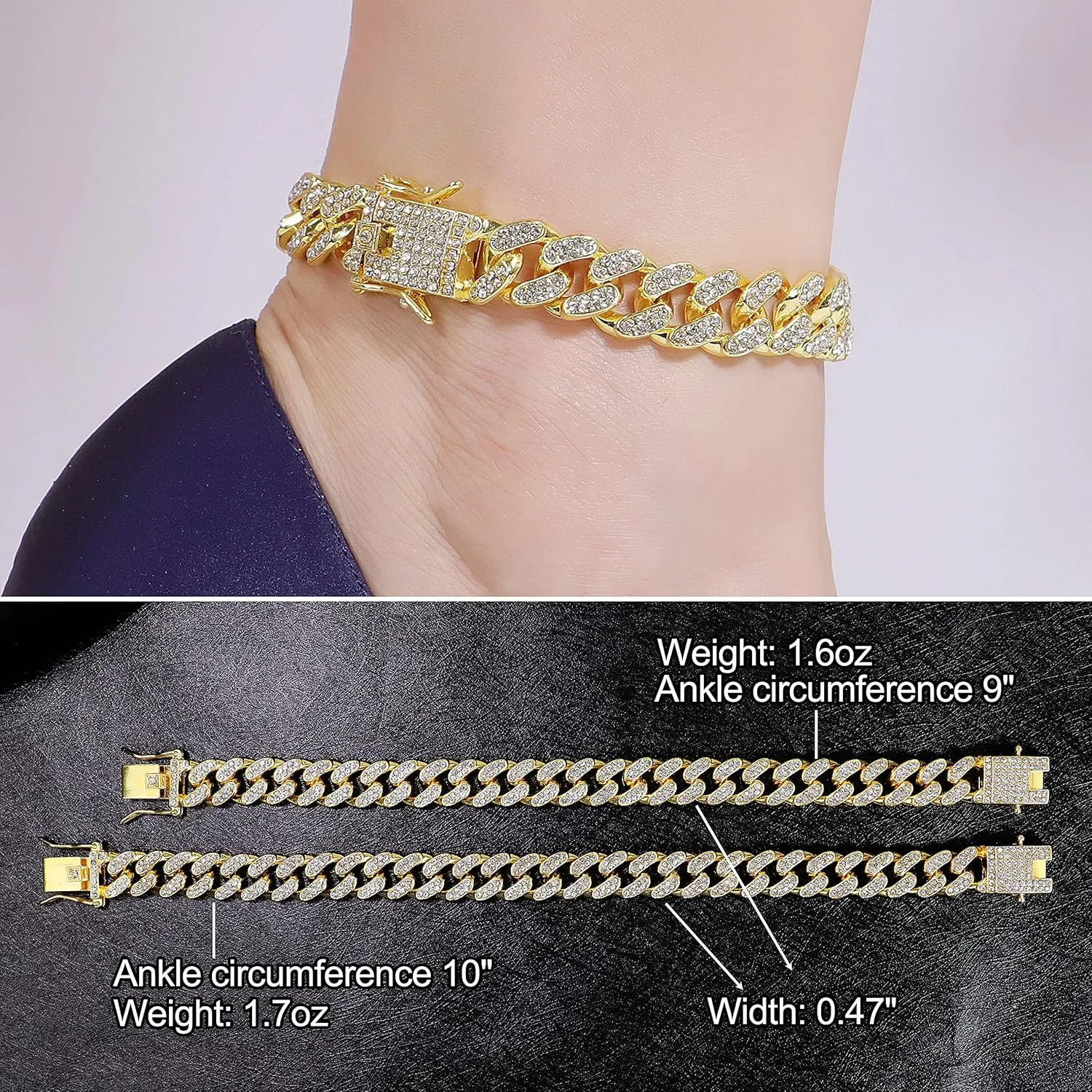 Bellady Cuban Link Ankle Chain for Men Women 9/10inch, Hip-hop Rhinestones Filled Chain Ankle Bracelets