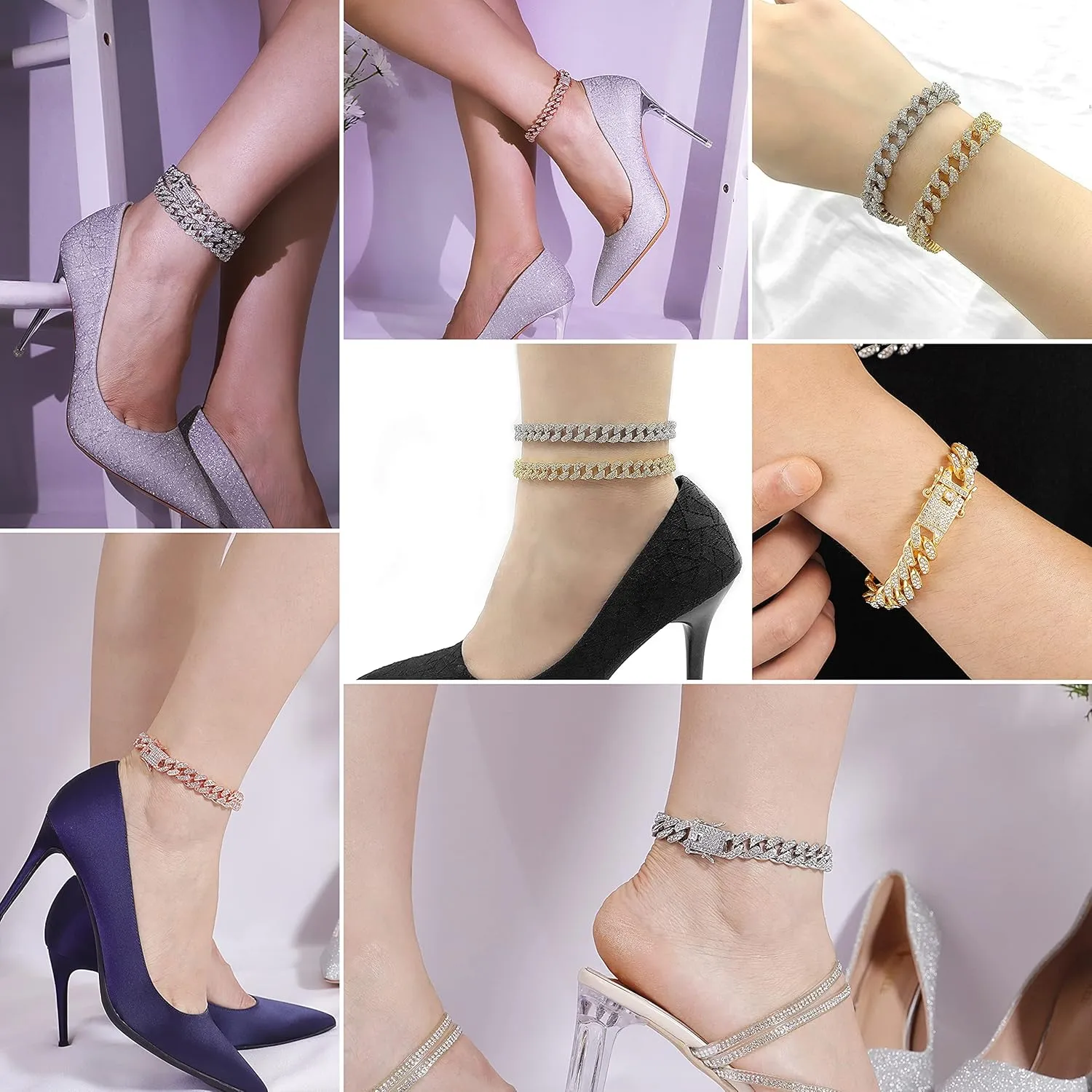 Bellady Cuban Link Ankle Chain for Men Women 9/10inch, Hip-hop Rhinestones Filled Chain Ankle Bracelets