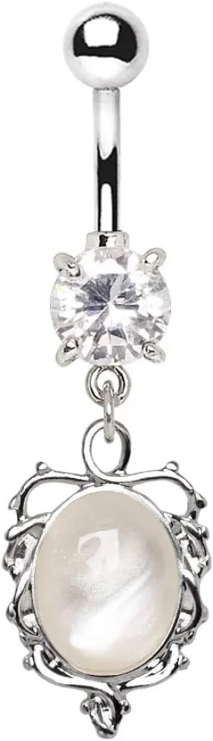 Belly Button Ring 316L Stainless Steel Ornate White Cat's Eye Dangle Navel Ring
