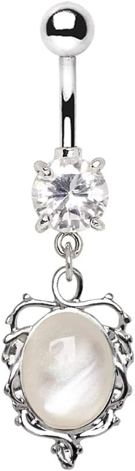 Belly Button Ring 316L Stainless Steel Ornate White Cat's Eye Dangle Navel Ring