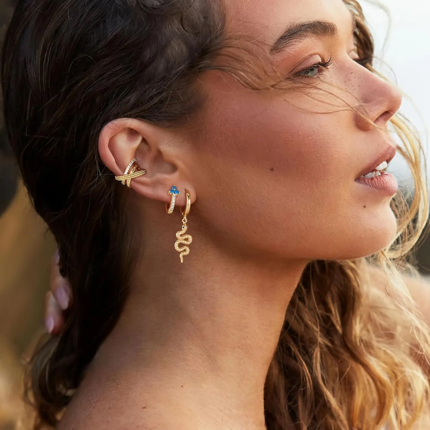 BENEIGE Snake Hoop Earrings 14K Gold Plated Huggie Dangle Earrings for Women Handmade Hypoallergenic Jewelry