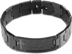 Bestdays Men's Vintage Stainless Steel Black Cross Silver English Bible Lords Prayer Religious Link Wrist Bracelet (Cross Left, 8.3 inch, black)
