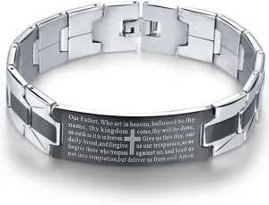 Bestdays Men's Vintage Stainless Steel Black Cross Silver English Bible Lords Prayer Religious Link Wrist Bracelet (cross middle, black silver, 7.9 inch)