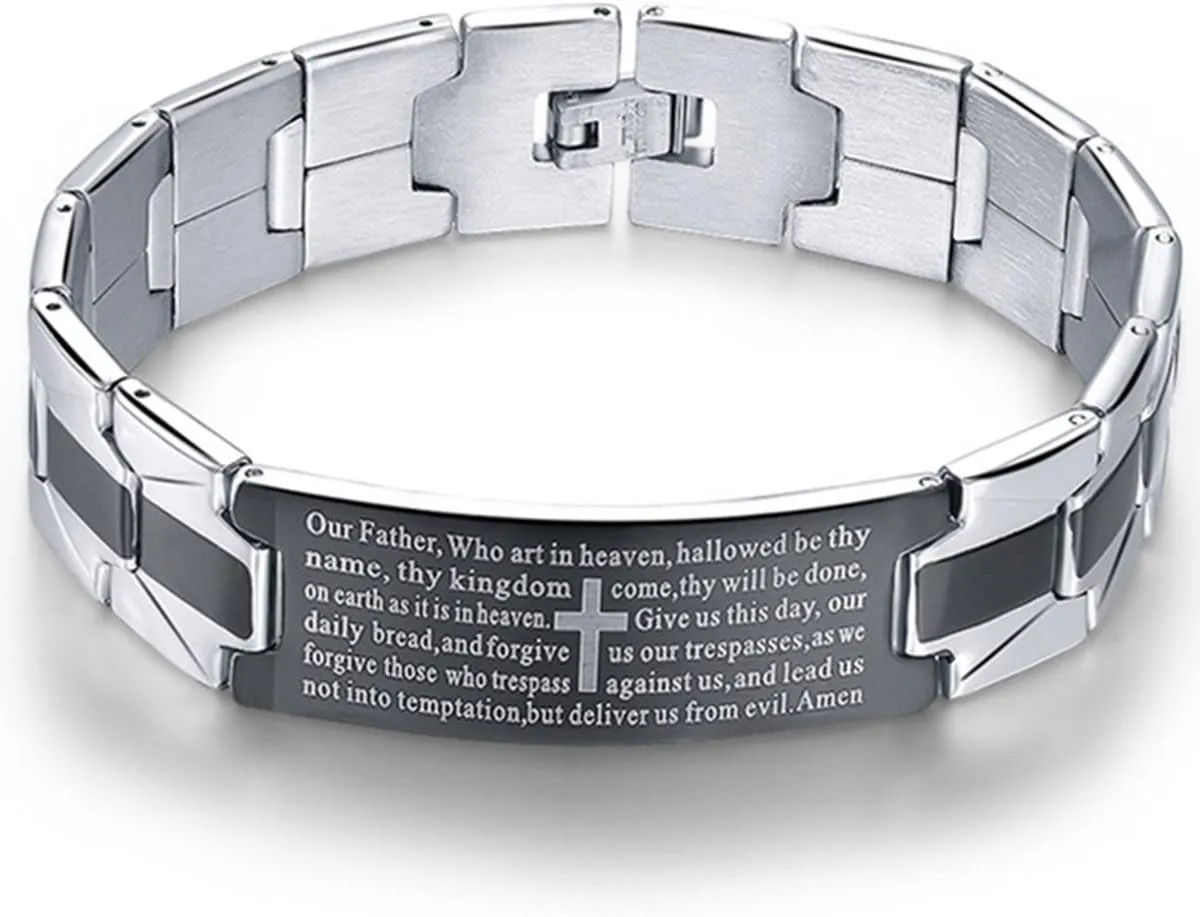 Bestdays Men's Vintage Stainless Steel Black Cross Silver English Bible Lords Prayer Religious Link Wrist Bracelet (cross middle, black silver, 7.9 inch)