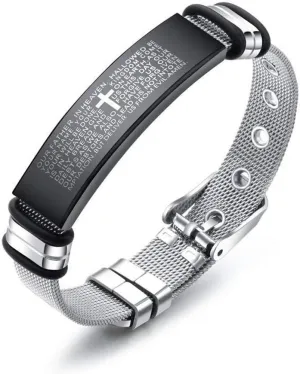 Bestdays Men's Vintage Stainless Steel Black Cross Silver English Bible Lords Prayer Religious Link Wrist Bracelet (SL026)