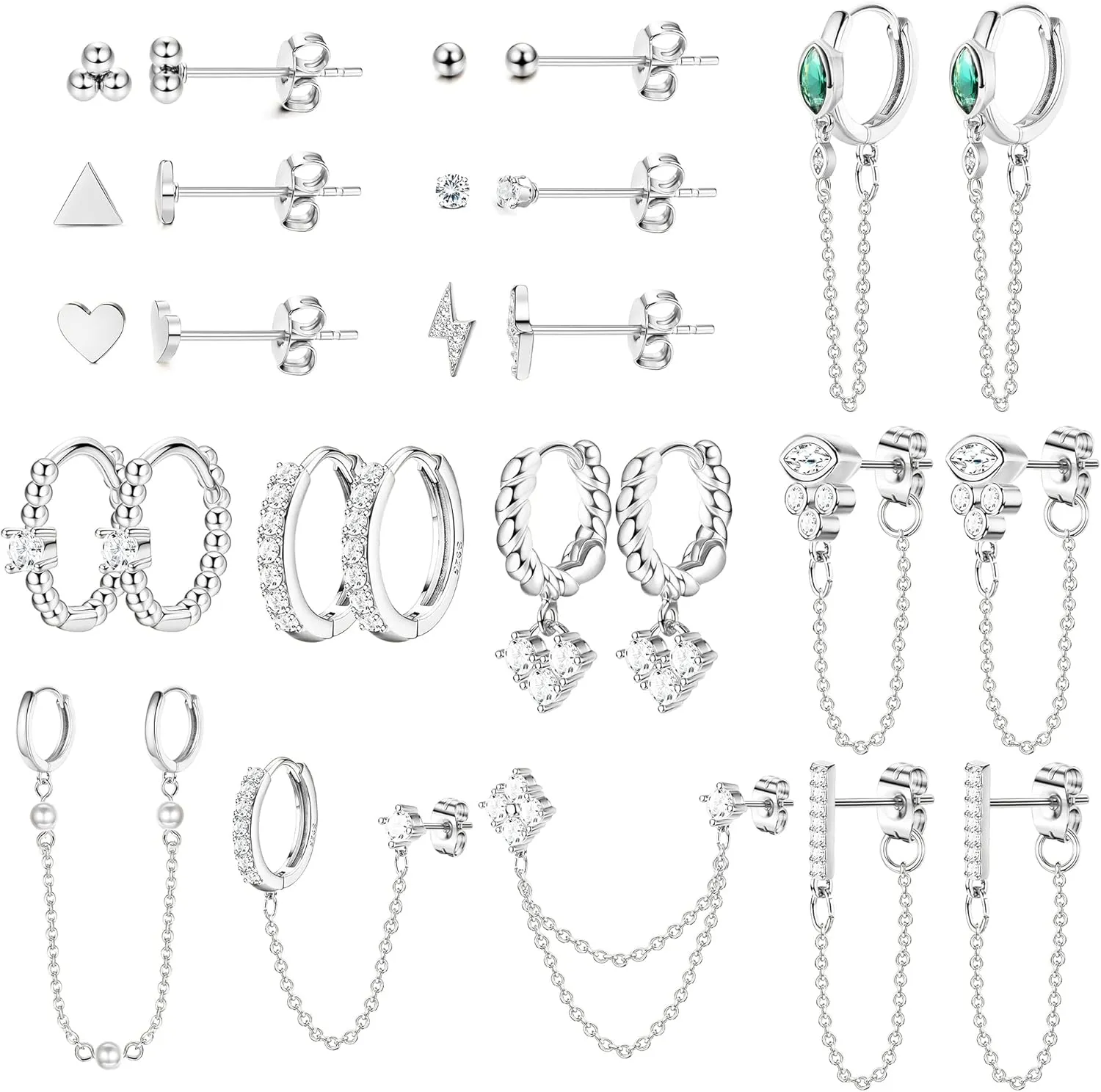 BESTEEL 27 PCS Dainty Gold Earrings Set for Women 14K Gold Plated Stud Huggie Hoop Earring Sets for Multiple Piercing Hypoallergenic Surgical Steel Small Dangle Chain Cartilage Earrings Stacks Pack