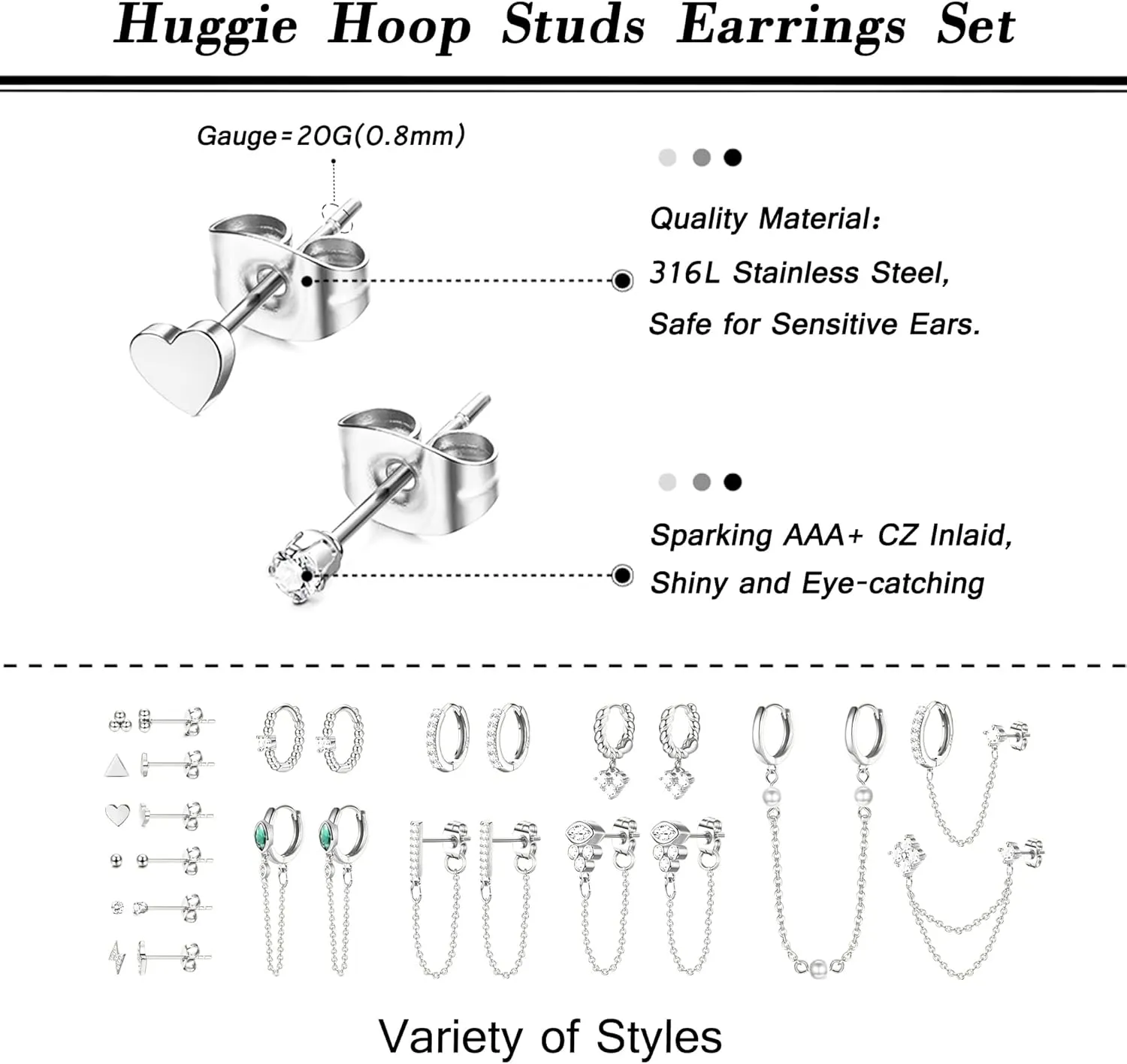 BESTEEL 27 PCS Dainty Gold Earrings Set for Women 14K Gold Plated Stud Huggie Hoop Earring Sets for Multiple Piercing Hypoallergenic Surgical Steel Small Dangle Chain Cartilage Earrings Stacks Pack