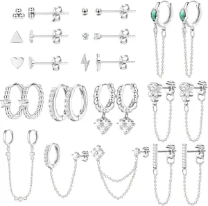 BESTEEL 27 PCS Dainty Gold Earrings Set for Women 14K Gold Plated Stud Huggie Hoop Earring Sets for Multiple Piercing Hypoallergenic Surgical Steel Small Dangle Chain Cartilage Earrings Stacks Pack