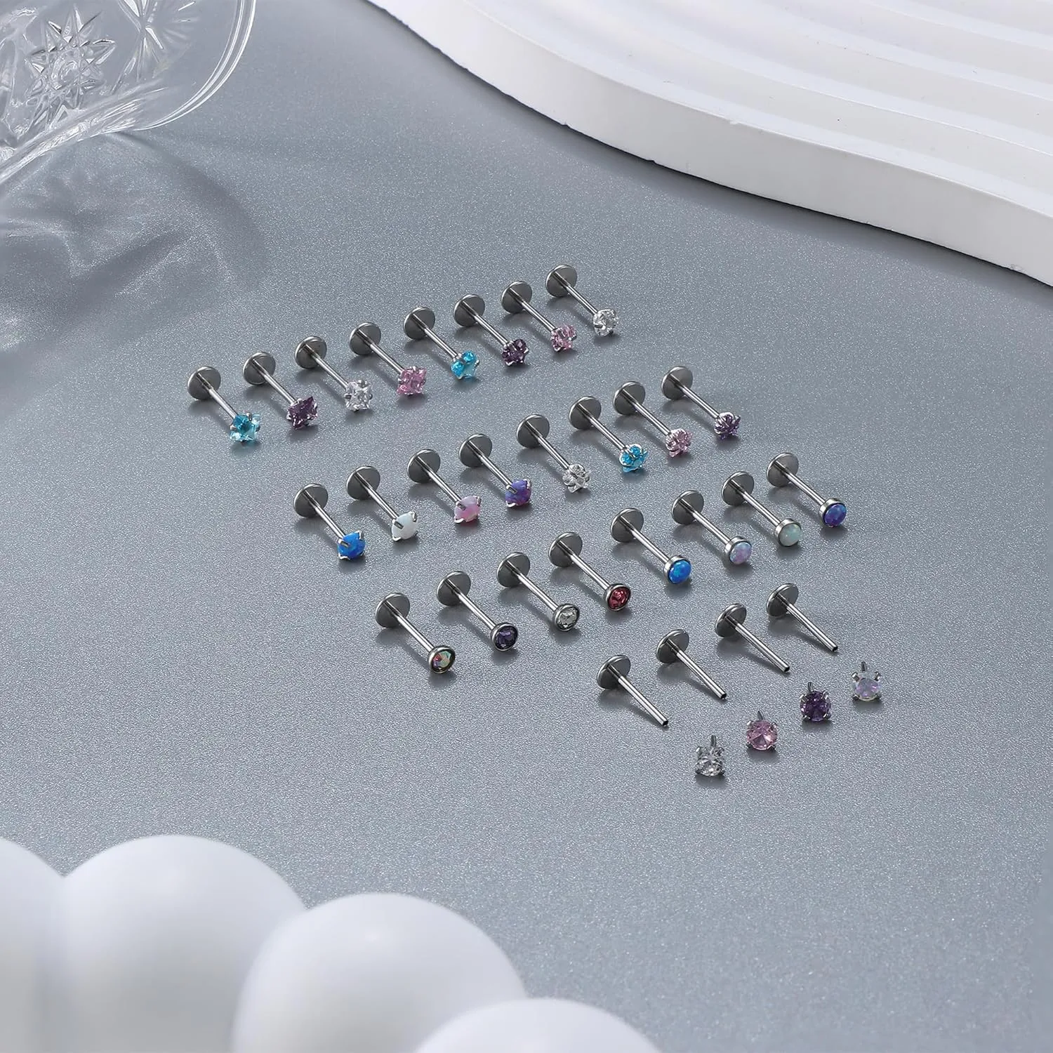 Besteel 28 Pcs Threadless Nose Rings Studs Set CZ Opal Surgical Steel Lip Nostril Labret Monroe Medusa Piercing Jewelry Push in Tragus Conch Helix Flat Back Earrings for Women Men 16G 18G 20G 6/8mm