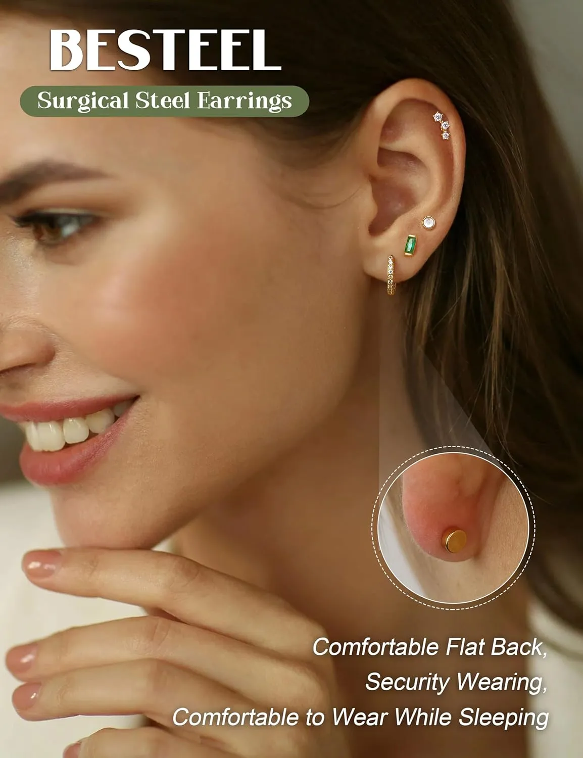 BESTEEL Hypoallergenic Flat Back Earrings - 14K Gold Cartilage Earring Sets for Multiple Piercing, 20G Surgical Stainless Steel Earrings for Women, Small Hoop Flatback Stud Earring Stacks