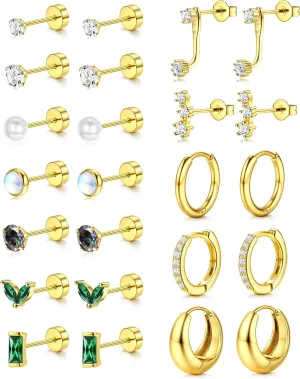 BESTEEL Hypoallergenic Flat Back Earrings - 14K Gold Cartilage Earring Sets for Multiple Piercing, 20G Surgical Stainless Steel Earrings for Women, Small Hoop Flatback Stud Earring Stacks