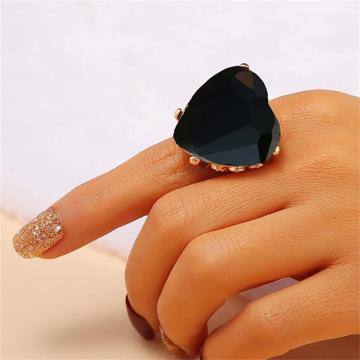 Big Diamond Heart Promise Open Band Ring for Women Girls Vintage CZ Gold Plated Adjustable Expandable Geometric Statement Rings Comfort Fit Fashion Engagement Wedding Birthday Christmas Jewelry Gift