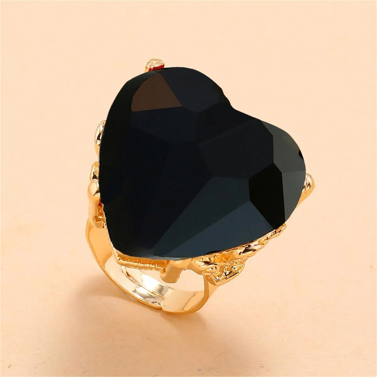 Big Diamond Heart Promise Open Band Ring for Women Girls Vintage CZ Gold Plated Adjustable Expandable Geometric Statement Rings Comfort Fit Fashion Engagement Wedding Birthday Christmas Jewelry Gift