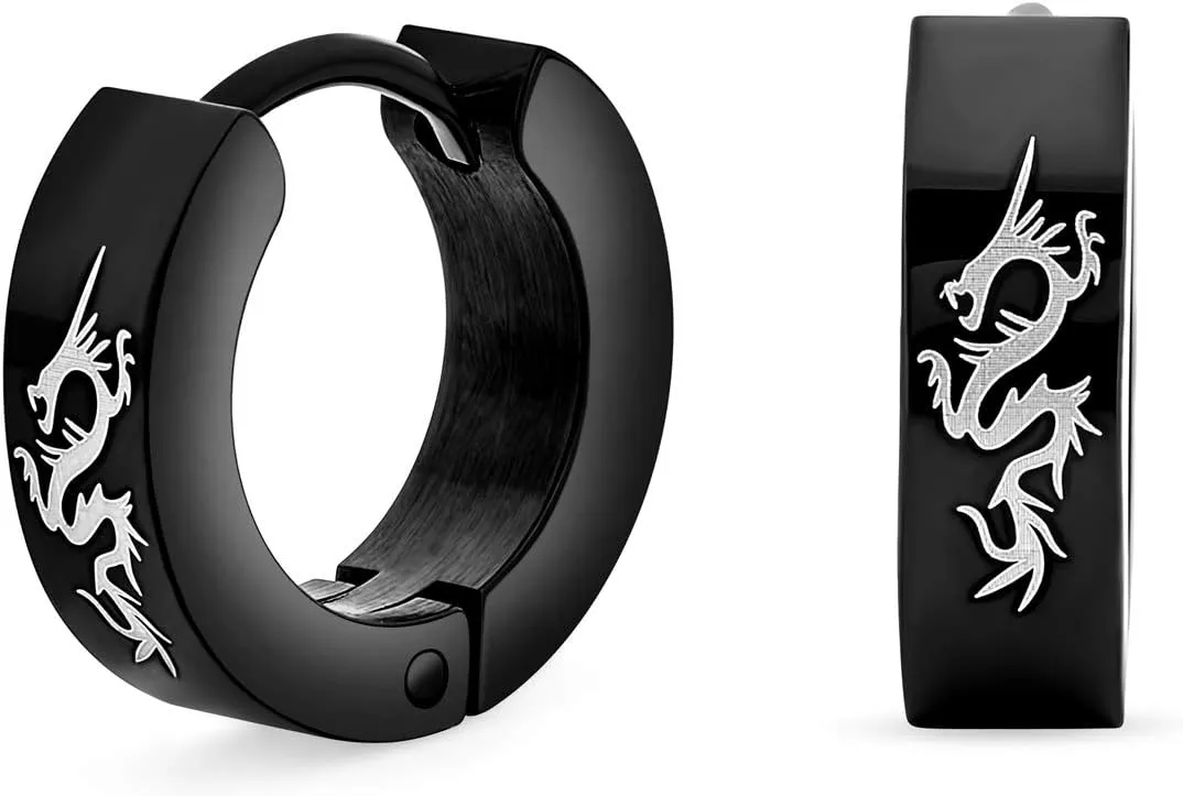 Biker Jewelry Small Laser Etched Cross Dragon Light Bolt Stars Eagle Skulls Lizard Greek Key Hoop Kpop Huggie Earrings For Men Women Teen Black IP Silver Gold Tone Plated Stainless Steel .50 Inch