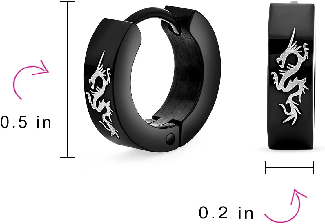 Biker Jewelry Small Laser Etched Cross Dragon Light Bolt Stars Eagle Skulls Lizard Greek Key Hoop Kpop Huggie Earrings For Men Women Teen Black IP Silver Gold Tone Plated Stainless Steel .50 Inch