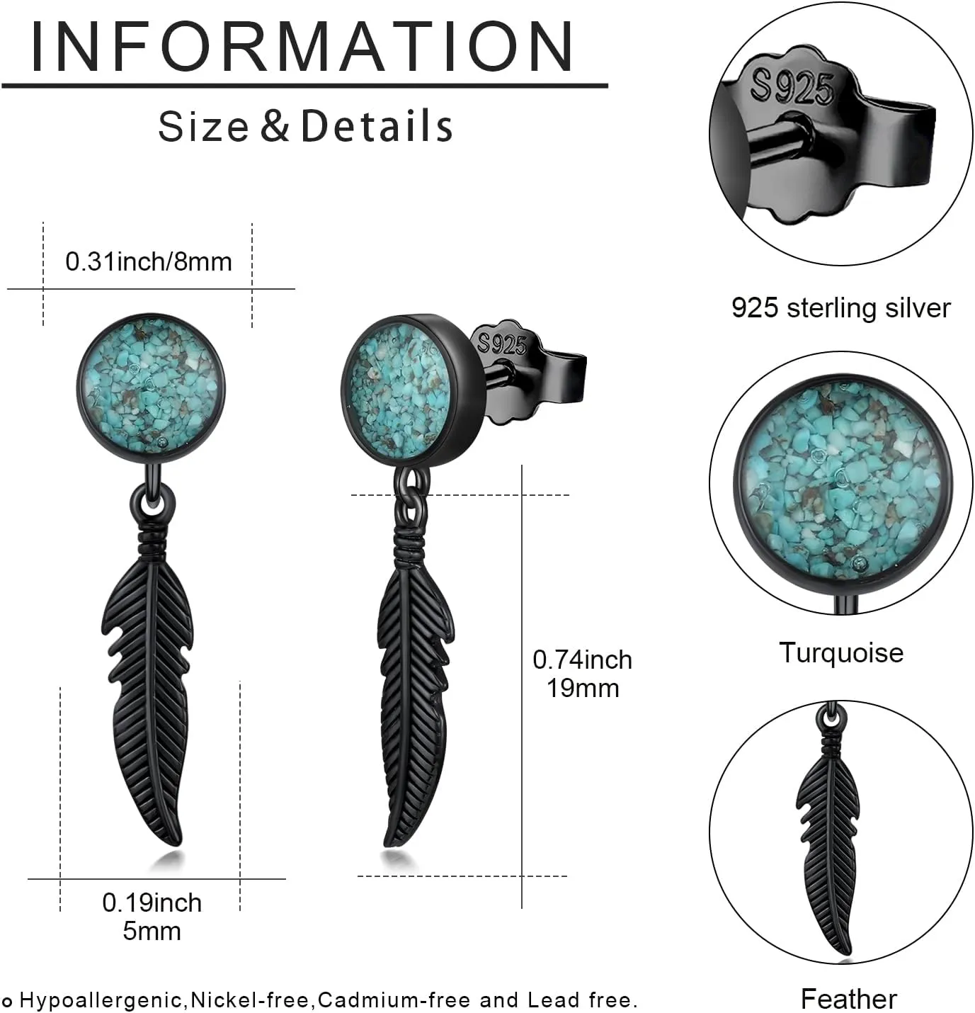 Black Dangle Drop Earrings 925 Sterling Silver Turquoise/Abalone Shell Earrings Jewelry Gifts for Women Men