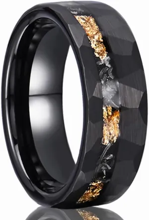 Black Hammered Tungsten Carbide Rings for Men Women 8mm Engagement Wedding Bands Matte Brushed Inlaid Gold Foil Meteorite Fragments Comfortable Fit