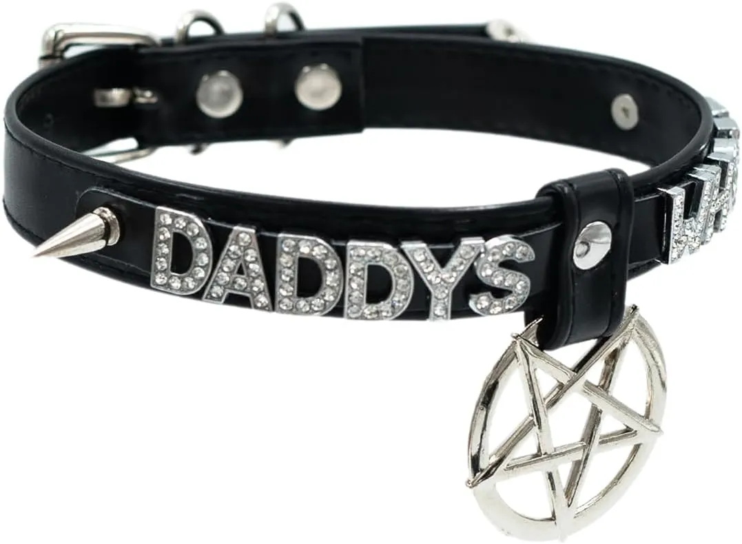 Black Pentagram Choker Collar For Women, Punk Gothic Vagen Leather Collar With Name Letters Adjustable Spiked Necklace