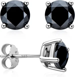 Black Stud Earrings for Men/Women 18k White Gold Plated S925 Sterling Silver Simulated Diamond Earring Jewelry Gifts 5MM 6MM