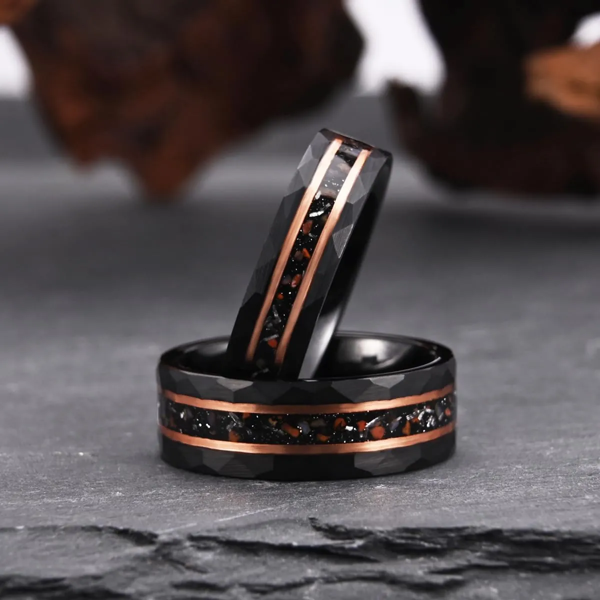 Black Tungsten Carbide Rings for Men Women 8mm/6mm Hammered Inlaid Meteorite Dinosaur Bone Men's Engagement Wedding Bands Comfort Fit
