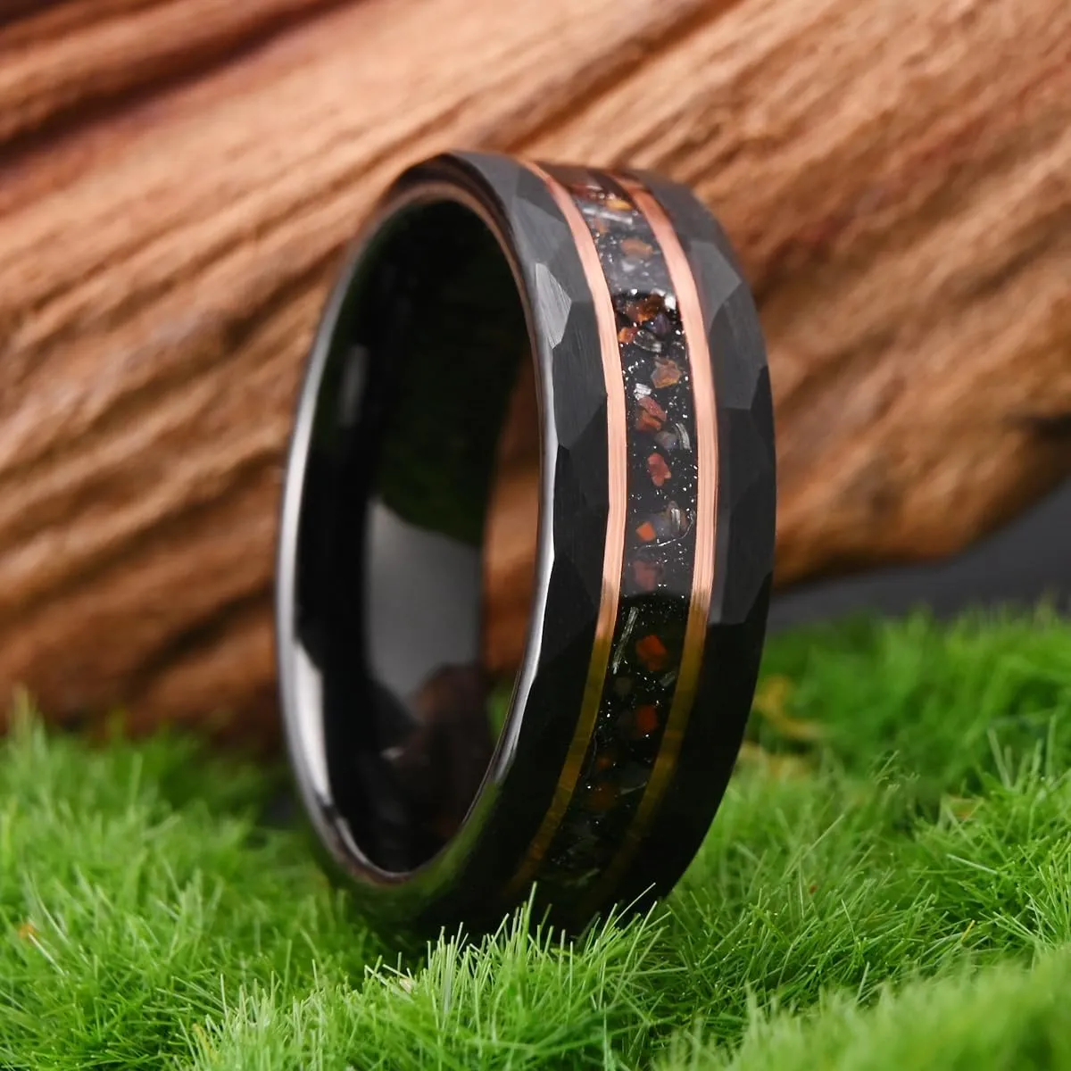 Black Tungsten Carbide Rings for Men Women 8mm/6mm Hammered Inlaid Meteorite Dinosaur Bone Men's Engagement Wedding Bands Comfort Fit