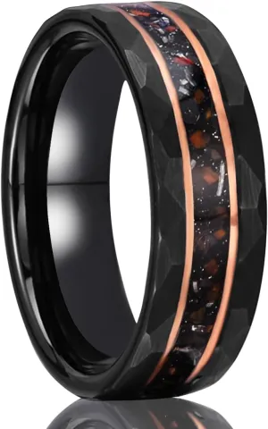 Black Tungsten Carbide Rings for Men Women 8mm/6mm Hammered Inlaid Meteorite Dinosaur Bone Men's Engagement Wedding Bands Comfort Fit