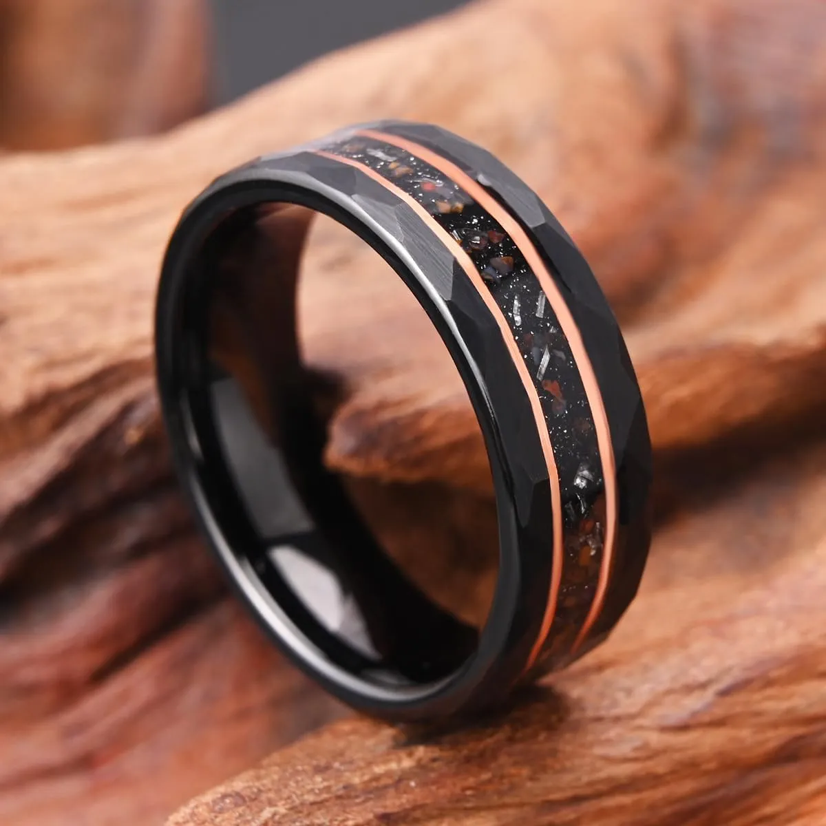 Black Tungsten Carbide Rings for Men Women 8mm/6mm Hammered Inlaid Meteorite Dinosaur Bone Men's Engagement Wedding Bands Comfort Fit