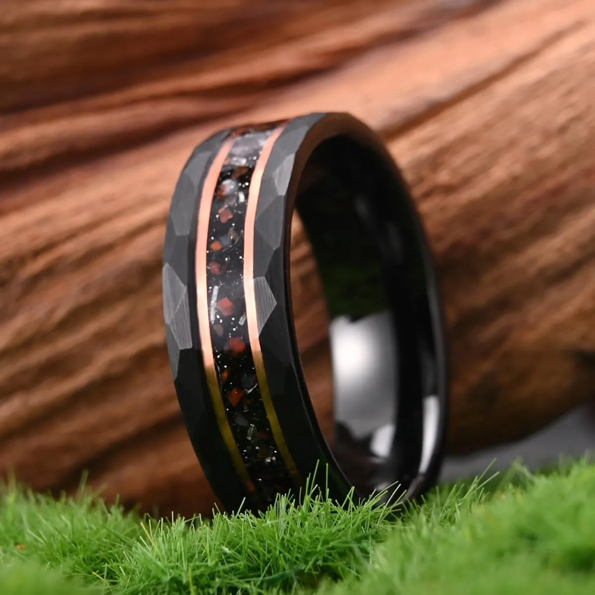 Black Tungsten Carbide Rings for Men Women 8mm/6mm Hammered Inlaid Meteorite Dinosaur Bone Men's Engagement Wedding Bands Comfort Fit