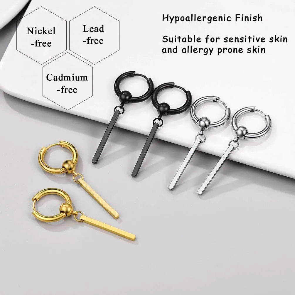 Black/Gold Plated Stainless Steel Statement Earring Set for Men Women, Punk Jewelry,Hypoallergenic for Sensitive Ears, Come Box