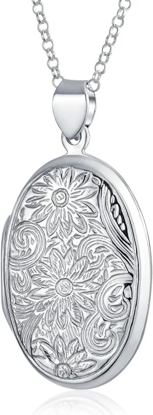 Bling Jewelry Customizable Vintage Style Oxidized .925 Sterling Silver Embossed Scroll Floral Sunflower Photo Lockets Necklace Pendant for Women Holds Pictures Round Oval Design