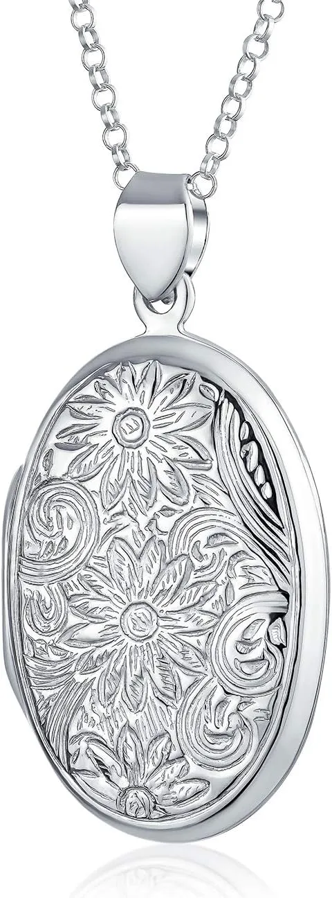 Bling Jewelry Customizable Vintage Style Oxidized .925 Sterling Silver Embossed Scroll Floral Sunflower Photo Lockets Necklace Pendant for Women Holds Pictures Round Oval Design